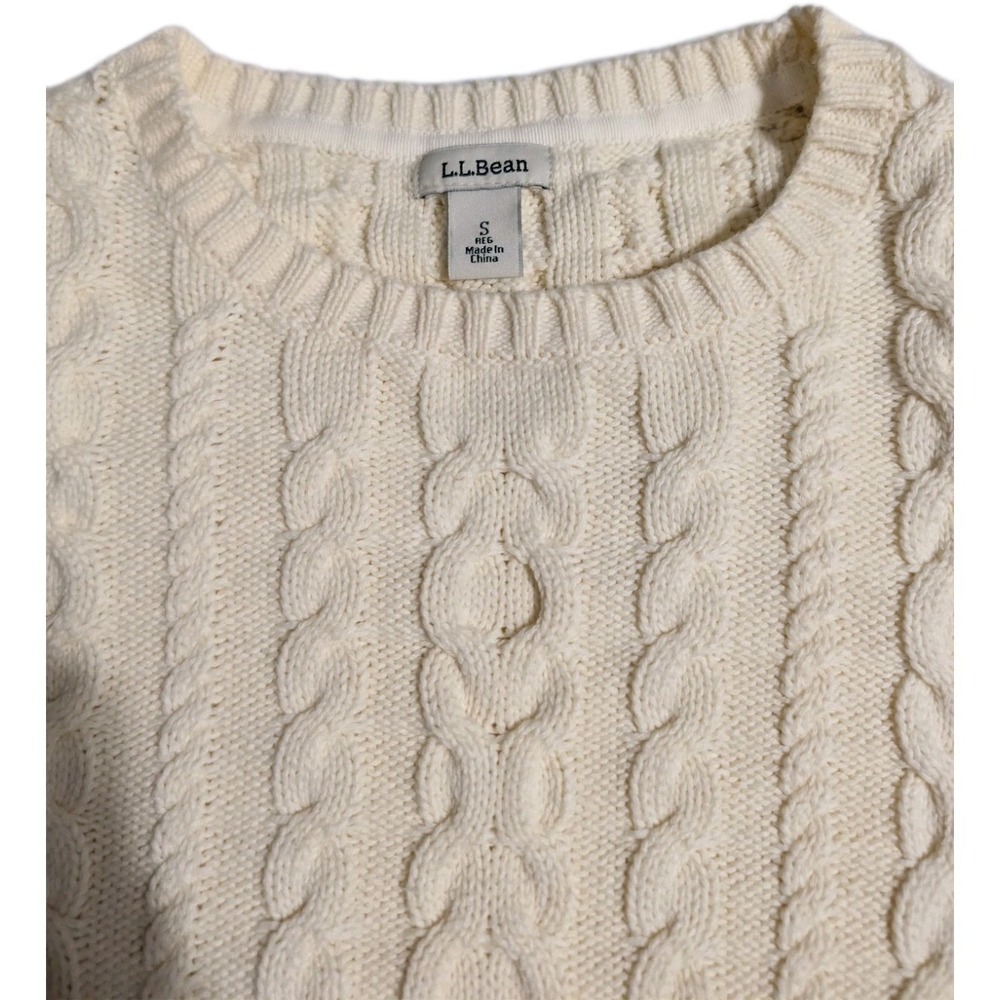L.L.Bean Cable Knit Sweater Womens Small Cream Cotton‎ Crewneck Classic - Picture 4 of 6